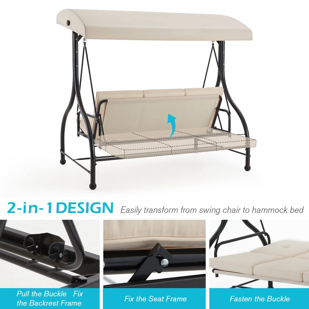 Hammock With Stand - 3Seat Outdoor Patio Swing With Canopy,