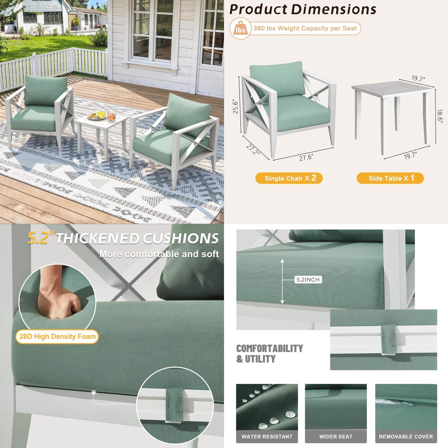 Outdoor Furniture For Cafe - 3-Piece Oversized Aluminum Patio Furniture Set,